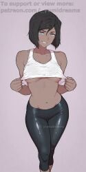 _yumidreams ai_generated armpits athletic avatar_legends bare_shoulders black_leggings blue_eyes blush blush_lines blushing_at_viewer breasts breasts_focus brown_hair chest_focus clothed collarbone crop_top dark-skinned_female dark_skin female flushed_cheeks gym_clothes gym_clothing gymnastics highres korra leggings looking_at_viewer medium_breasts naughty_face navel no_bra no_explicit patreon_username perfect_body sexy sexy_body sexy_pose shirt_pull shirt_pulled short_hair simple_background slim_waist sweat sweatdrop sweating sweaty sweaty_body sweaty_breasts teeth the_legend_of_korra thick_thighs tired toned toned_body toned_female underboob white_crop_top