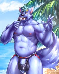 2021 abs amber_eyes anthro baiyushou beach biceps blue_body blue_fur blue_hair bodily_fluids bulge canid canine canis claws clothed clothing dripping fangs finger_claws front_view fur genital_fluids genital_outline genitals hair hi_res jockstrap looking_at_viewer male male_only mammal microphone musclegut muscular muscular_anthro muscular_male nipples one_eye_closed open_mouth outside palm_tree pecs penis penis_outline plant portrait precum precum_drip precum_through_clothing precum_through_underwear quads sand sea seaside sharp_teeth skimpy sky solo standing teeth three-quarter_portrait tongue tree triceps underwear underwear_only vein veiny_penis wardrobe_malfunction water wet wet_body wet_clothing wet_fur wink winking_at_viewer wolf