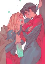 (2025) 2girls against_wall animification assertive_female black_hair blonde_hair blue_bodysuit blue_eyes blush bodysuit bottle breasts bubble cape crossed_arms dc_comics dc_extended_universe dc_universe_(franchise) drunk face-to-face hand_on_wall height_difference highres holding holding_bottle huge_breasts kabedon kara_zor-el large_breasts long_hair long_sleeves looking_at_another multiple_girls muscular muscular_female open_mouth red_bodysuit red_cape short_hair size_difference skirt smile squeans supergirl supergirl_(dcu) supergirl_(sasha_calle) superhero_costume superman_(series) superman_logo teeth the_flash_(movie) thick_thighs thighs tongue tongue_out two-tone_bodysuit yknivel_art yuri