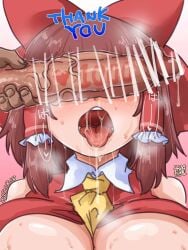 1boy ascot bar_censor blush bow breasts brown_hair censored cookie_(touhou) dated female frilled_hair_tubes frills hair_tubes hairbow hakurei_reimu highres itini-sanshi large_breasts medium_hair milestone_celebration open_mouth penis penis_on_face penis_over_eyes pink_background red_bow red_shirt reu_(cookie) shirt sidelocks sleeveless sleeveless_shirt solo_focus straight thank_you tongue tongue_out touhou upper_body yellow_ascot