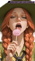 1girls 2025 ai_generated artist_name braid candy electroworld female food green_eyes hair_over_shoulder harry_potter hat hi_res high_quality high_resolution highres hogwarts_legacy hood lollipop mirabel_garlick patreon patreon_username solo stable_diffusion twin_braids watermark