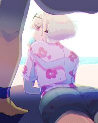 2boys androgynous ass ass_focus beach blonde_hair bob_cut clothed clothing femboy fully_clothed galo_thymos licking_ice_cream lio_fotia pov promare short_hair shorts solo_focus tight_clothing twink