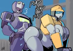 1boy 1girls ambiguous_penetration big_breasts breasts fan_character female grey_nipples grey_skin huge_breasts male nipples road_roller_(zestysauce) robot robot_girl robot_humanoid tongue tongue_out transformers zestysauce