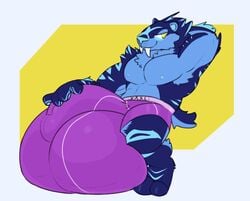 2020 anthro balls big_balls big_bulge big_penis boxers_(clothing) bulge clothed clothing digitigrade felid feline fur genitals hand_behind_head hand_on_genitalia hi_res huge_balls huge_bulge huge_cock hyper hyper_balls hyper_bulge hyper_genitalia hyper_penis looking_at_viewer male mammal multicolored_body multicolored_fur nipples penis sabertooth_(disambiguation) sharp_teeth smile solo starrfluff teeth underwear underwear_only