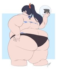 ass_cleavage back_fat back_view bbw belly_overhang big_belly big_breasts big_butt bikini black_bikini_bottom black_hair blue_and_white_striped_bikini blue_and_white_striped_bikini_top blue_eyes breasts butt_crack butt_focus fat fat_folds female flabby_arms flabby_legs hair_bow hand_on_ass hand_on_hip jeetdoh looking_back obese obese_female obese_human overweight overweight_female overweight_human ponytail_(hair) ssss.gridman takarada_rikka thick_thighs volleyball_(ball) wide_hips
