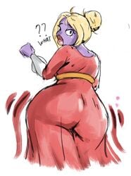 1girls big_ass big_lips blonde blonde_hair dat_ass english_text game_freak hair_bun jynx looking_back nintendo pokemon pokemon_(species) pokemon_rgby purple_skin red_dress redblacktac redfred text thick_lips wide_hips