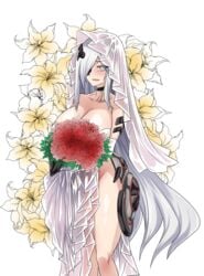 alchemist_(girls'_frontline) bare_thighs breasts bride bride_veil cleavage girls'_frontline h_earth large_breasts long_hair no_panties silver_hair source_request tagme