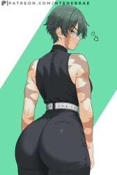 absurdres annoyed ass back burn_scar female from_behind green_hair highres jujutsu_kaisen looking_at_viewer looking_back multiple_scars muscular muscular_female ntenebrae round_eyewear scar scar_on_arm scar_on_face scars_all_over self-upload short_hair simple_background solo too_many zenin_maki