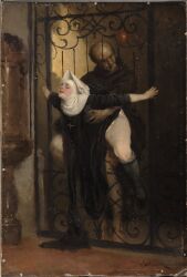 female from_behind habit heinrich_lossow historical holding_up_female looking_pleasured manhandling nun painting_(artwork) thighs through_bars