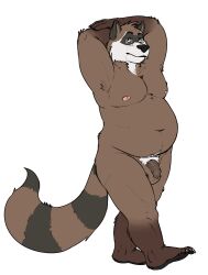 2016 anthro balls countershade_face countershading eyewear facial_markings foreskin genitals glasses hands_behind_head head_markings hi_res humanoid_genitalia humanoid_penis kronexfire looking_at_viewer male mammal markings mask_(marking) nipples overweight overweight_anthro overweight_male penis procyonid pubes raccoon raz_raccoon ring_(marking) ringed_tail simple_background solo standing striped_markings striped_tail stripes tail tail_markings wearing_glasses white_background