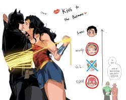 1boy 1girls assertive_female batman batman_(series) bruce_wayne dc_comics diana_prince kissing leglock muscular muscular_female passionate_kiss superhero superhero_costume superheroine wonder_woman