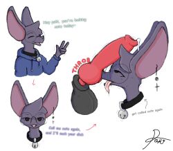 ambiguous_gender animal_genitalia anthro balls bat big_ears bodily_fluids canid canine canine_genitalia clothing collar drooling duo ear_piercing ear_ring eyewear femboy genitals glasses hi_res hoodie knot male male/ambiguous male/male mammal nuzzling penis penis_nuzzling piercing pokipose purple_body ring_piercing saliva sweat text tongue tongue_out topwear
