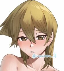 1girls alexis_rhodes blonde_hair blush embarrassed implied_nudity long_hair looking_at_viewer rourou_ill twitter_username yu-gi-oh! yu-gi-oh!_gx