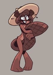 1girls aboredsnek beaver beaver_girl_(peargor) beaver_tail blush brown_fur brown_hair buckteeth bush covering covering_breasts covering_with_tail embarrassed embarrassed_nude_female enf hat naked peargor shy surprised