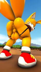 1boy 2_tails anthro ass backsack balls bedroom_eyes bent_over big_butt bottomless bottomless_male canid canine clothed clothing femboy fishnet_clothing fishnet_legwear fox genitals hi_res legwear looking_back low-angle_view male male_only mammal miles_tails_prower narrowed_eyes penis potatermino presenting presenting_hindquarters red_fox seductive sega smile solo sonic_(series) sonic_the_hedgehog_(series) standing tails_the_fox thick_thighs true_fox