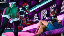 16:9 3d_(artwork) alcohol anthro argonian ashley_(mutagen) ass beverage big_breasts blender_(artwork) blender_cycles breasts caracal caracal_(genus) challenge clothing digital_media_(artwork) duo english_text felid feline female female/female foxibiki genitals hair hi_res legwear maid_uniform mammal microsoft nude reptile sah-ra_(furromantic) scales scalie sex smile strip_club tail text the_elder_scrolls topwear uniform vulva waiter waitress_uniform whiskey widescreen yifftember25