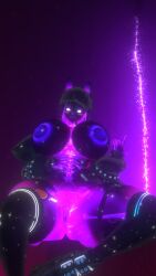 baseball_cap blue_eyes bom39 boots bottomless cat_choker cat_ears garter_belt glowing_eyes glowing_nipples hand_on_belly huge_breasts jacket_only long_hair looking_ looking_down_at_viewer no_internal_organs pointing_up pur_slime_(bom39) purple_glow purple_lighting skeleton slime_girl slime_hair smug thick_thighs thighhighs thighs_bigger_than_head translucent_body vrchat vrchat_avatar