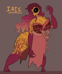 abstract_background absurd_res absurd_resolution absurdres analog_horror bandage bandages breasts clawed_fingers claws cleavage clothed clothes clothing cyclops dress gemini_home_entertainment goddess hi_res high_quality high_resolution highres huge_breasts huge_thighs iris_(gemini_home_entertainment) long_hair oddly_bally orange_body orange_skin pink_hair pink_hair_female red_hair red_hair_female red_skin rule_63 thighs yellow_eyes