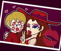 1boy 1girls 2d 2d_(artwork) 2d_artwork after_kiss blonde_hair blonde_hair_male blue_eyes blue_eyes_female blue_eyes_male brown_hair brown_hair_female digital_drawing_(artwork) digital_media_(artwork) duo duo_focus eyeshadow female hand_on_another's_shoulder hat heart kiss_mark kissable_lips lips lipstick lipstick_mark long_hair long_hair_female male male/female mk210 nintendo pauline peace_sign puckered_lips purple_eyeshadow red_lips red_lipstick red_lipstick_mark short_hair short_hair_male super_mario_bros. wink winking winking_at_viewer