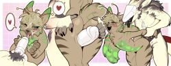 alien_cat animal_genitalia animal_penis antennae_(anatomy) anthro arm_pull bedroom_eyes bent_over blush bodily_fluids brown_body brown_ears brown_fur brown_stripes cum cum_drip cum_inside cum_on_face cuntboy dipstick_ears dripping duo duo_focus ear_markings equine_genitalia equine_penis fur genital_fluids genitals green_body green_ear_tips green_eyes green_fur green_spots green_stripes grey_body grey_fur group hair heart_symbol hi_res intersex intersex/male legs_together male mantled_beast markings multicolored_ears narrowed_eyes one_eye_closed orgasm_face penetration penis pubes seductive sex speech_bubble spots squint striped_body striped_fur striped_markings striped_tail stripes tail tail_markings tan_body tan_fur tan_hair thigh_sex tongue tongue_out trans_(lore) trans_man_(lore) white_penis xstupid_furryx
