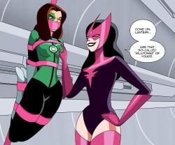 2girls ankles_bound arms_behind_back arms_bound arms_bound_behind_back bennypaan black_hair bondage bound bound_ankles bound_arms bound_legs breasts brown_hair captured_heroine carol_ferris costume dc dc_comics dcau dialogue english english_text female female_only femsub gag gagged grabbing_another&#039;s_breast green_eyes green_lantern green_lantern_(series) green_lantern_corps groping groping_breasts hand_on_breast hand_on_hip heroine heroine_in_trouble hips jessica_cruz latina legs_bound leotard lipstick mask red_lipstick smiling speech_bubble star_sapphire_(dc) star_sapphire_corps tape tape_gag taped_mouth text thick_thighs thighhighs thighs villainess villainess_on_heroine wide_hips