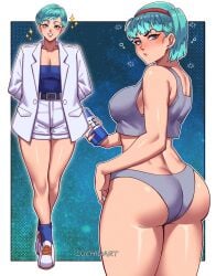 1girl ass bangs big_ass big_breasts blue_eyes blue_hair blush breasts bulma bulma_briefs bulma_briefs_(beginnings_of_dragon_ball_z) bulma_briefs_(frieza_saga) cleavage dragon_ball dragon_ball_z earrings full_body jacket jewelry large_breasts looking_at_viewer luchidart multiple_views polka_dot_background short_hair socks standing tagme white_border