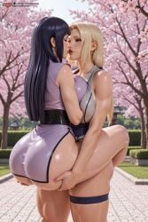3d absurdres ai_generated ass_grab breasts carrying dress highres hyuuga_hinata kissing large_breasts outdoors render self_upload thick_ass thigh_strap tsunade waifuheaven yuri