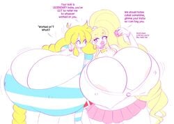 2girls areolae big_breasts big_lips bimbo blonde_hair cassie_(theycallhimcake) cindi_(theycallhimcake) cleavage giant_breasts huge_breasts huge_lips hyper hyper_breasts lipstick makeup multiple_girls nipple_bulge original original_character skirt theycallhimcake thick_lips