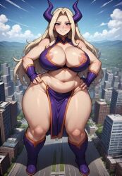 ai_generated ash_blonde_hair boots city crunchyroll giantess hands_on_hips light-skinned_female loincloth mount_lady my_hero_academia pawg perchance_ai portrait purple_boots purple_eyes purple_horns yuu_takeyama