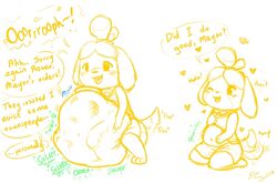 animal_crossing anthro belly big_belly canid canine cownugget dialogue digestion duo face_imprint female isabelle_(animal_crossing) mammal nintendo oral_vore same_size_vore speech_bubble stomach_bulge video_games vore