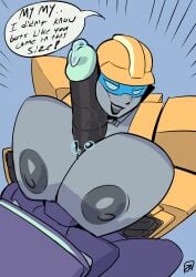 1boy 1girls big_breasts boobjob breasts cheek_on_penis cheek_press english_text fan_character female grey_nipples grey_skin high_resolution highres huge_breasts male paizuri penis penis_between_breasts penis_on_face precum road_roller_(zestysauce) robot robot_girl robot_humanoid text text_bubble titjob transformers zestysauce