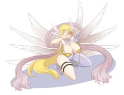 1girls 8_wings angel angel_wings angewomon bare_shoulders big_breasts blonde_hair blush breasts cleavage covering_face digimon digimon_(species) feathered_wings h_earth huge_breasts large_breasts long_hair maskless solo solo_female source_request straight_hair tagme thick_thighs wings