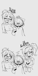 1boy 2girls 2koma blush breasts cheating_boyfriend comic cuckquean english english_text female gizmo_(unepicroachy) glasses gyaru heart hoodie jace_(unepicroachy) large_breasts line_art male meme monochrome nerd nervous no_sex oc original self_upload side_ponytail sweating text unepicroachy upper_body wavy_mouth y/n_(unepicroachy)