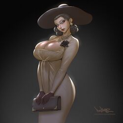 1girls alcina_dimitrescu big_breasts breasts cleavage clothed eyeshadow female female_only huge_breasts large_breasts lipstick pinkdrawz playstation playstation_5 resident_evil resident_evil_8:_village solo sony_corporation sony_interactive_entertainment thick_thighs wide_hips