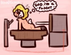 anthro bean0tastic blonde_hair blush boat bodily_fluids bovid caprine femboy hair heart_symbol homophobic_slur imminent_anal imminent_sex male mammal microsoft minecraft minecraft_sheep_fucker mojang piston sheep short_tail solo sweat tail thought_bubble vehicle watercraft xbox_game_studios