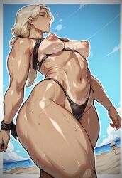 1boy 1girls 2025 ai_generated beach belly belly_button big_nipples bikini blonde_hair breasts dark-skinned_female dark_skin exposed_breasts female female_focus heart hi_res long_hair narrow_waist nipples oc ocean original_character ponytail puffy_nipples shiny_skin small_breasts solo solo_female solo_focus sweat tan_skin tanline tanlines thick thick_ass thick_thighs thighhighs tied_hair walking white_outline wide_hips yashugai