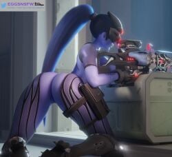 3d aiming amelie_lacroix arched_back ass back_view blizzard_entertainment butt_crack eggsnsfw gun half-dressed half_naked half_nude headgear helmet kneeling on_knees overwatch pose purple_body shooting sniper sniper_rifle solo solo_female tattoo thighs viewed_from_behind weapon widowmaker