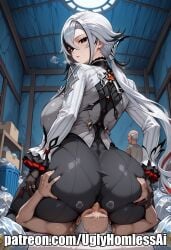 (genshin 1boy 1girls ai_generated arlecchino arlecchino_(genshin_impact) bangs, between big_ass big_breasts black coat, eyes, frills, genshin_impact gloves, grey hair hair, homeless impact), jewelry, long low multicolored pants patreon ponytail, pupils, red shirt, short sleeves, streaked symbol-shaped tagme two-tone vest, white x-shaped