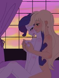 2020 2020s 2girls absurd_res adolescent applejack_(eg) applejack_(mlp) areolae bare_legs bare_shoulders bed bedroom blonde_hair blue_eyes blue_hair blush breast_grab breasts completely_nude completely_nude_female couple equestria_girls eyelashes female female/female female_only fondling fondling_breast freckles friendship_is_magic grabbing grabbing_from_behind green_eyes haibaratomoe happy happy_female hasbro hi_res high_school_student indoors large_breasts looking_at_partner multiple_girls my_little_pony nipples nude nude_female on_bed open_mouth orange_skin rarijack rarity_(eg) rarity_(mlp) romantic side_view sitting sunset teenage_couple teenage_girl teenage_girls teenager teenager_on_teenager teenagers white_skin window young young_female yuri