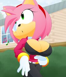 1girls amy_rose anthro black_bra bra breasts furry huge_breasts jacket large_breasts open_jacket slickehedge solo solo_female solo_focus sonic_(series) unzipped whistling