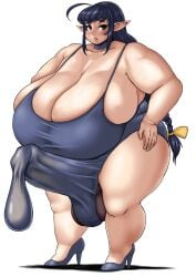 bbw big_breasts blue_hair braid braid_elf_(gunrei13bucho) ejaculation_under_clothes elf equine_penis erection erection_under_clothes futanari gunrei13bucho hi_res horsecock huge_breasts large_breasts looking_at_viewer one-piece_swimsuit original overweight overweight_futa solo swimsuit