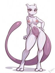 2_toes 4_fingers ai_generated anthro areola bald big_tail breasts digitigrade eyelashes feet female fingers frowning_at_viewer generation_1_pokemon genitals hand_on_hip hi_res innie_pussy legendary_pokemon looking_at_viewer looking_down_at_viewer mewtwo multicolored_body multicolored_skin navel nintendo nipples nude nude_female pink_areola pink_body pink_nipples pink_skin pokemon pokemon_(species) purple_body purple_eyes purple_skin pussy shadow simple_background solo thick_tail toes two_tone_body two_tone_skin unimpressed watermark white_background