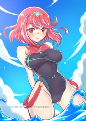 1girls background bare_shoulders big_breasts blush collarbone eyebrows_visible_through_hair headwear looking_at_viewer navel nintendo nipple_bulge ocean one-piece_swimsuit pyra red_eyes red_hair short_hair sky swimsuit vekneim water xenoblade_(series) xenoblade_chronicles_2