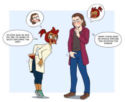 anthro avian beak blush body_swap clothed clothing coat dogtober duo english_text eyewear female glasses hand_on_bulge hand_on_butt human jacket lab_coat male male/female male_human mammal text tiptoes topwear