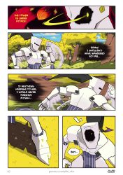 action_pose chapter_2 comic doubt_(thedo_ubt) forest forest_background knight male male_only multiple_views oc original outdoors page_2 peach_(fruit) sfw sweat sword text text_bubble trees