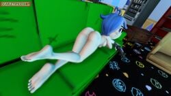1girls 3d ass_up barefoot blue_hair couch feet gaming laying_down looking_back nude_female pout scarletspiceshop smg4 tari_(smg4)