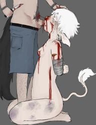 blood_drip blood_in_mouth blood_on_face blood_on_penis bruise bruised cow_ears cow_girl cow_tail crying_with_eyes_open forced_oral half_body knife non_consensual penis scared_expression tape tied_arms wound