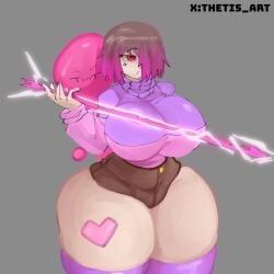 1girls akuma bete_noire betty_noire big_ass big_breasts big_thighs breasts female glitchtale hair_over_one_eye heart_tattoo pink_eyes pink_heart pink_highlights short_hair shorts spear thetis_(artist) undertale undertale_(series) undertale_au weapon