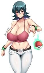 1girls alternate_breast_size belt big_breasts blush bracelet bracelets breasts cleavage edit fingernails gym_leader halter_top large_breasts pokeball pokemon red_eyes repost sabrina_(pokemon) sabrina_(pokemon_hgss) sole_gem solegemart tagme