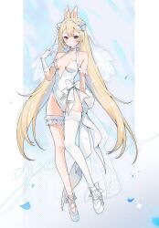 alternate_costume bangs bare_shoulders blonde_hair blue_eyes blush bow breasts choker cleavage closed_mouth collarbone dress eyebrows_visible_through_hair female flower full_body gloves hair_between_eyes hair_flower hair_ornament hairband hand_up leotard long_hair looking_at_viewer medium_breasts petals ribbon shoes solo standing strapless striped striped_background thighhighs very_long_hair vyugen wedding_dress white_bow white_dress white_footwear white_gloves white_hairband white_legwear white_leotard white_ribbon yenko yenkoes